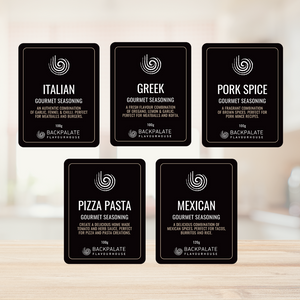 Gourmet Seasoning Range. Seasonings for meatballs, burgers, pie fillings, tacos, pizza and pasta sauces.