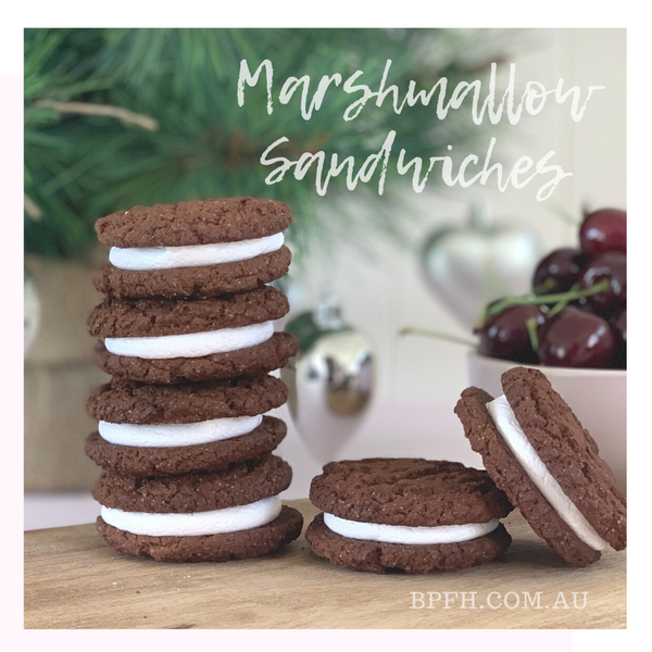 Marshmallow sandwiches made using Backpalate Flavour House Marshmallow mix and chocolate ripple biscuits.